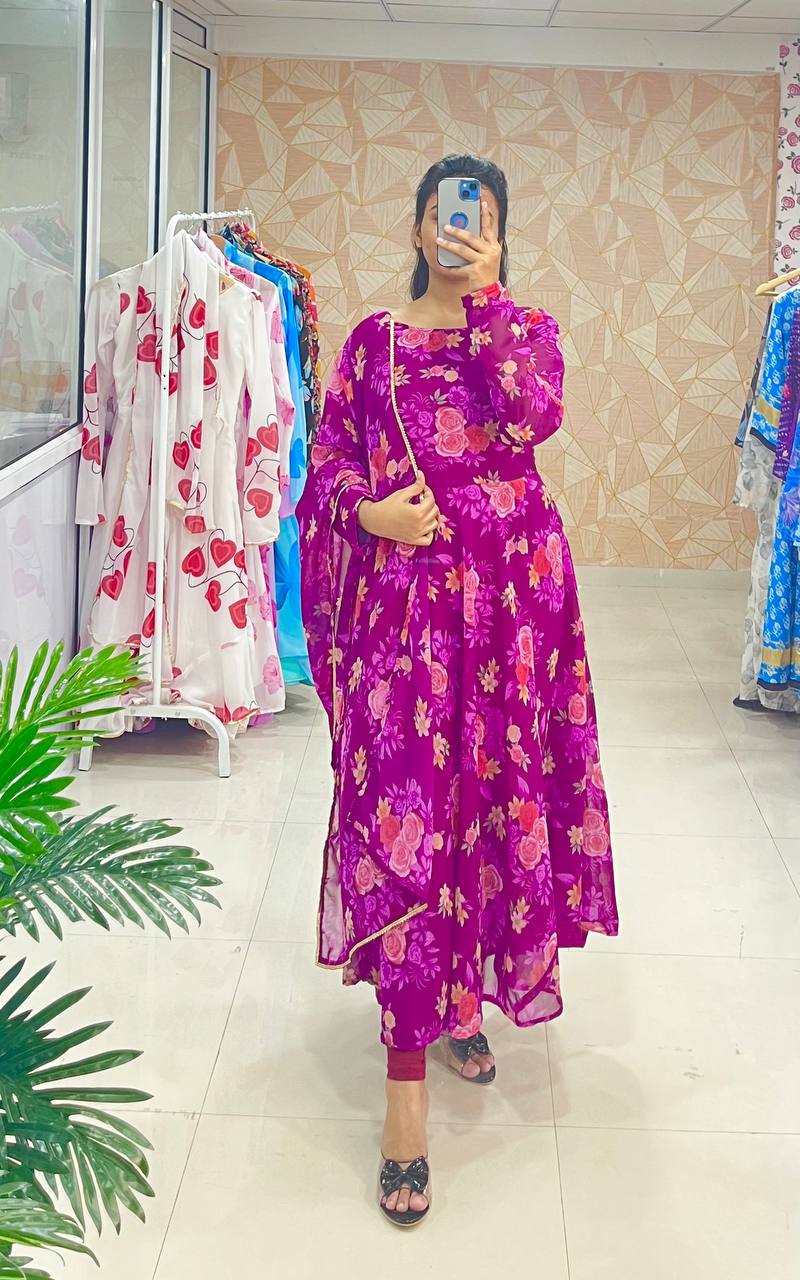 Stylish Fancy Trendy Printed Georgette Anarkali Gown Set With Dupatta