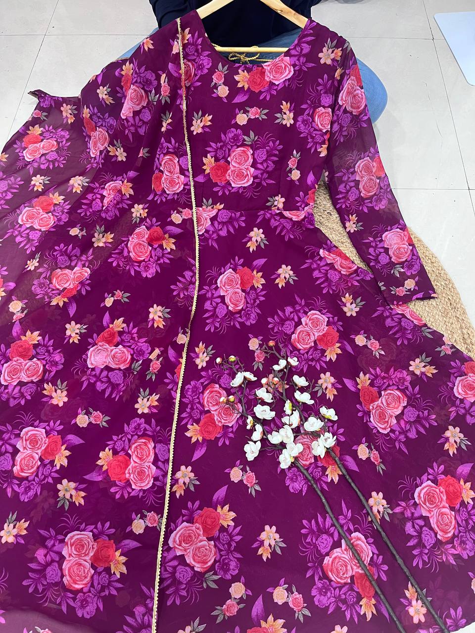 Stylish Fancy Trendy Printed Georgette Anarkali Gown Set With Dupatta