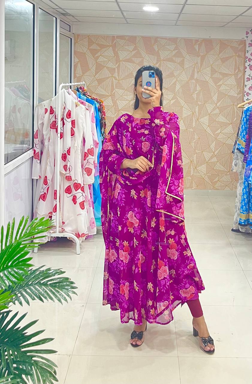 Stylish Fancy Trendy Printed Georgette Anarkali Gown Set With Dupatta