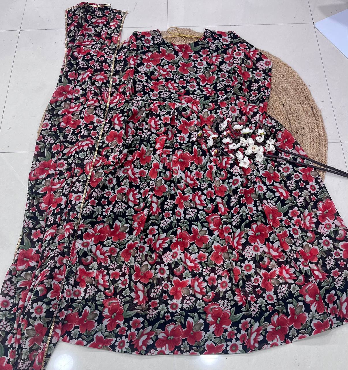 Latest Fancy Trendy Black Flower Printed Georgette Anarkali Gown Set With Dupatta