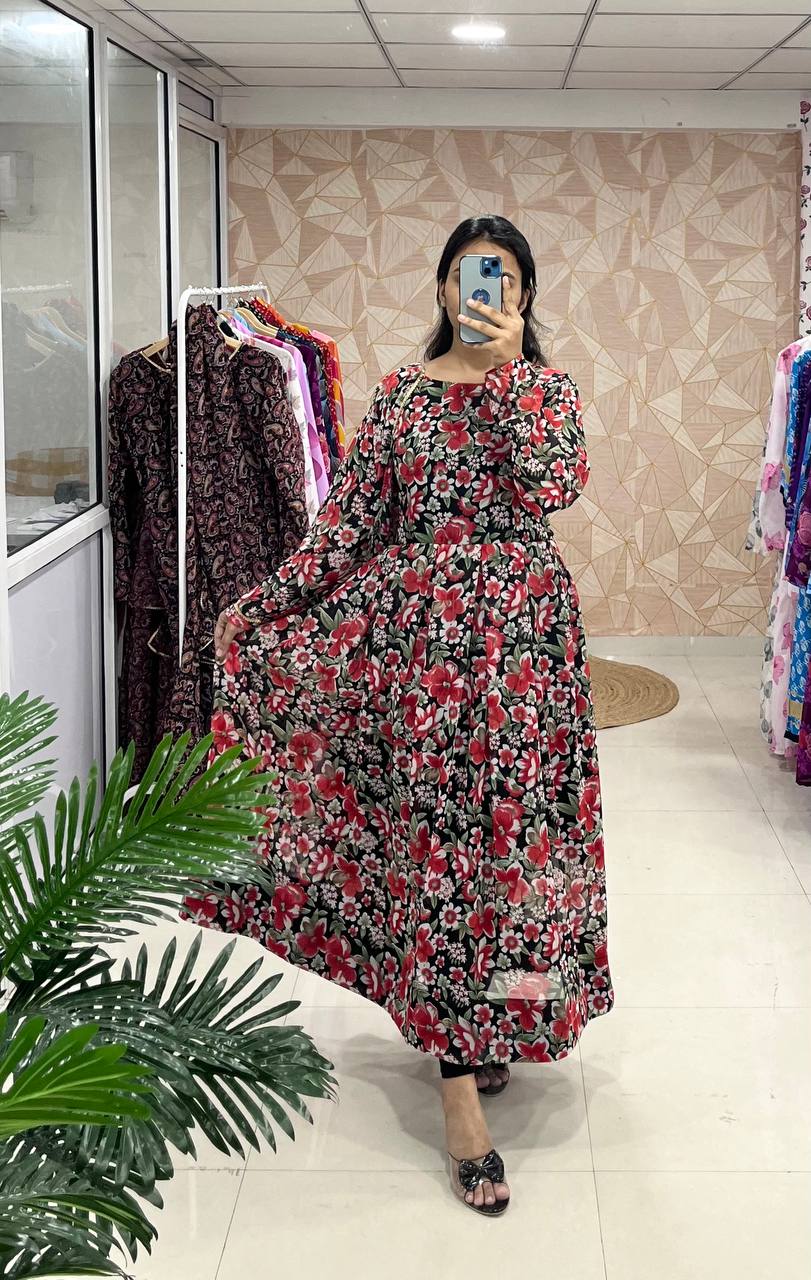 Latest Fancy Trendy Black Flower Printed Georgette Anarkali Gown Set With Dupatta