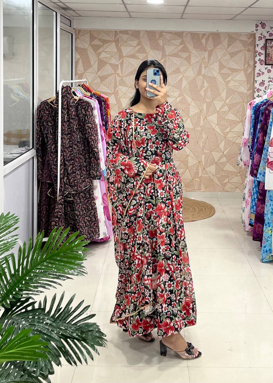Latest Fancy Trendy Black Flower Printed Georgette Anarkali Gown Set With Dupatta