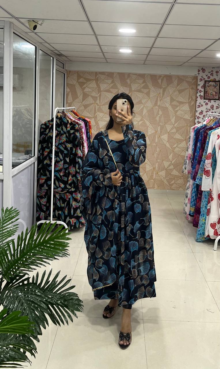Lovely Fancy Trendy Flower Printed Georgette Anarkali Gown Set With Dupatta