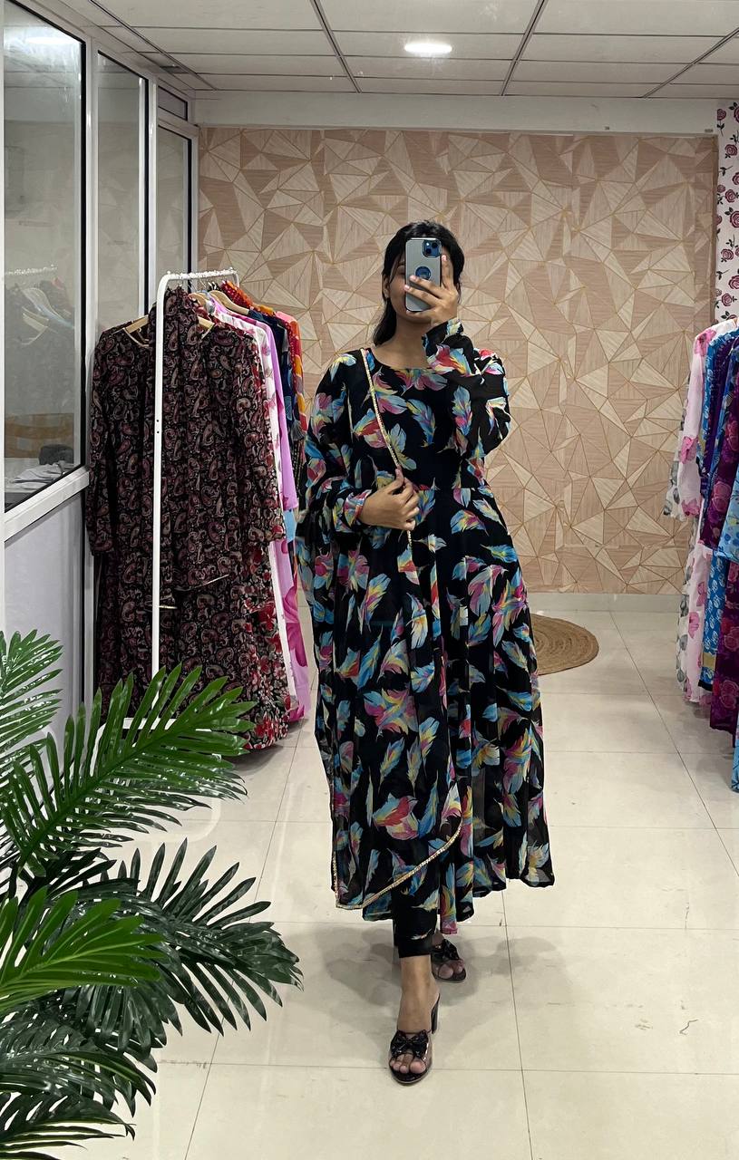 Trending Fancy Printed Georgette Anarkali Gown Set With Dupatta