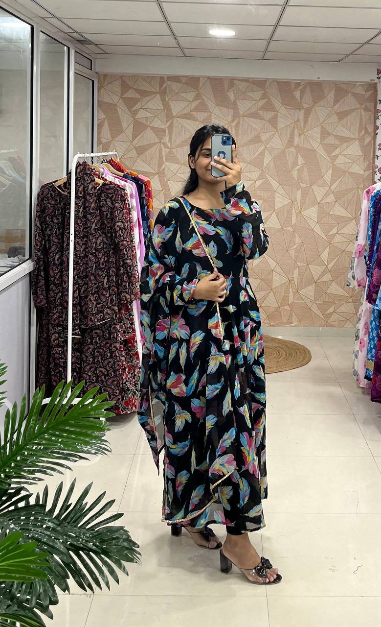 Trending Fancy Printed Georgette Anarkali Gown Set With Dupatta