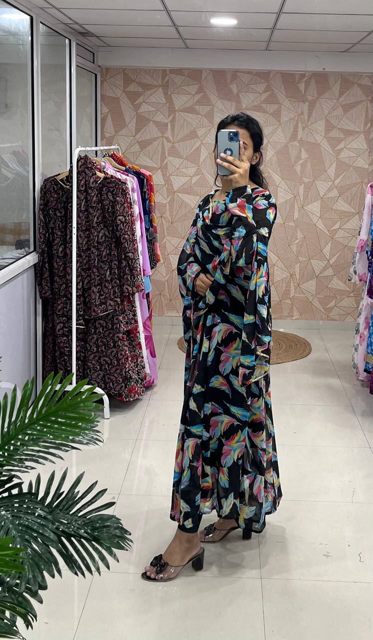 Trending Fancy Printed Georgette Anarkali Gown Set With Dupatta