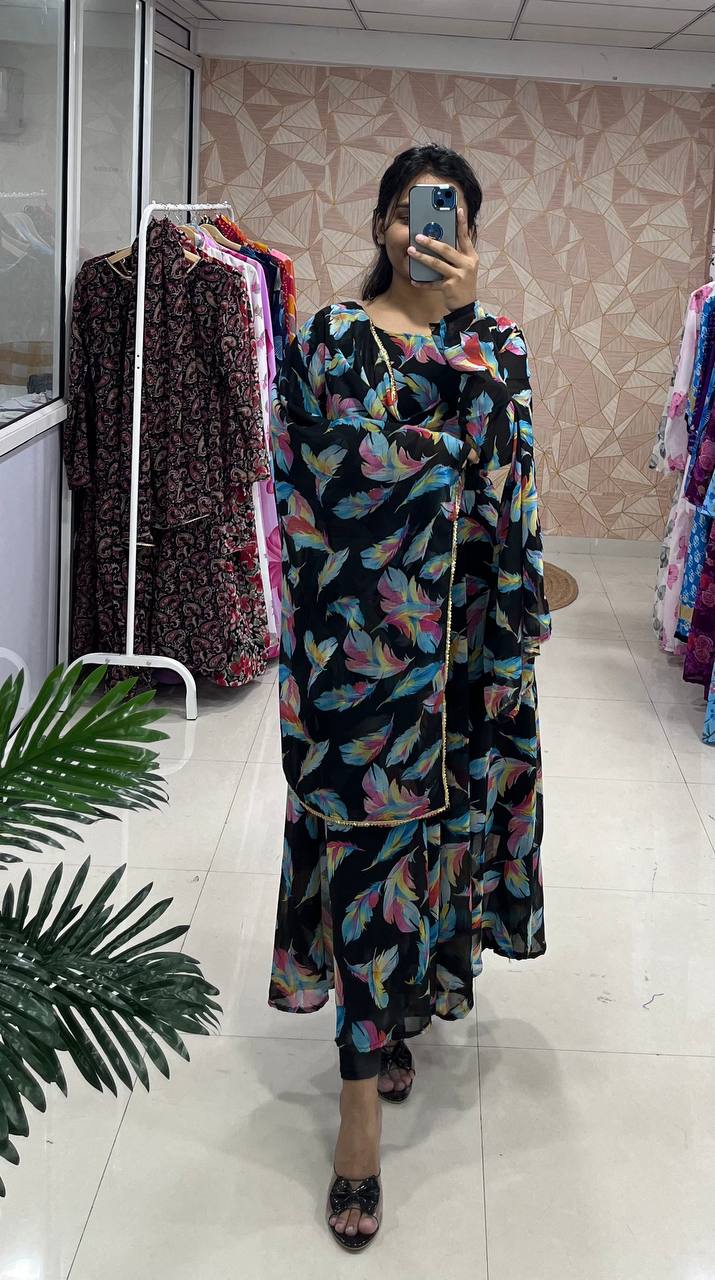 Trending Fancy Printed Georgette Anarkali Gown Set With Dupatta