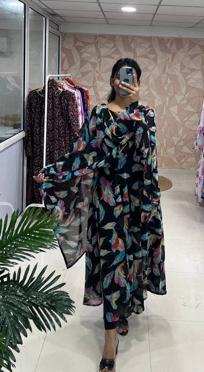 Trending Fancy Printed Georgette Anarkali Gown Set With Dupatta