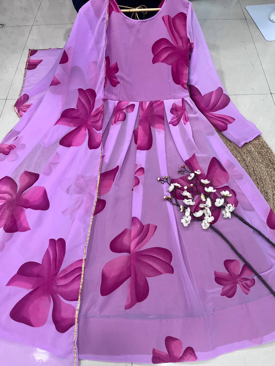 Shine with Trendy Floral Printed Georgette Anarkali Gown with Dupatta