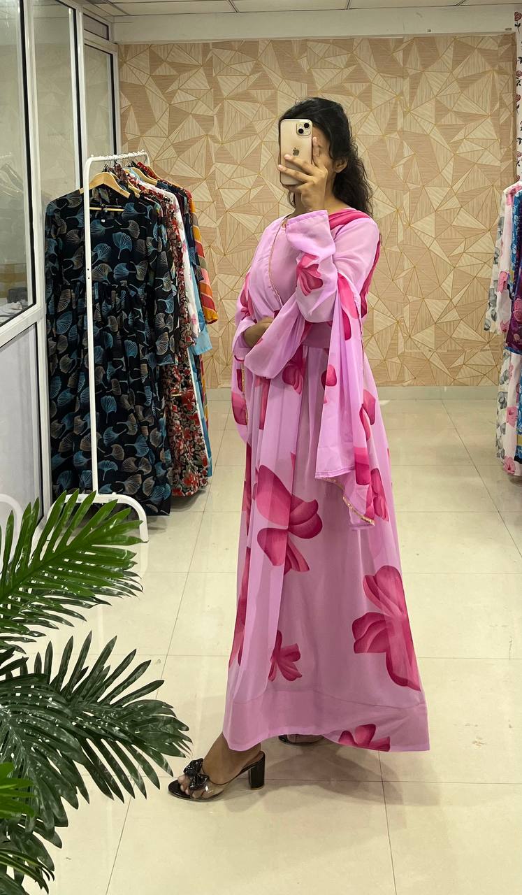 Shine with Trendy Floral Printed Georgette Anarkali Gown with Dupatta