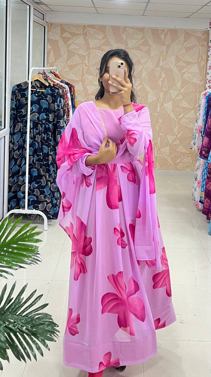 Shine with Trendy Floral Printed Georgette Anarkali Gown with Dupatta