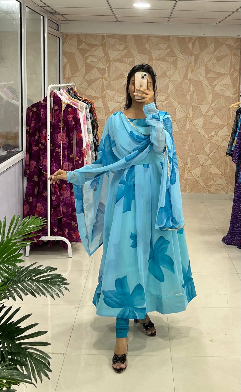 Shine with Trendy Floral Printed Georgette Anarkali Gown with Dupatta