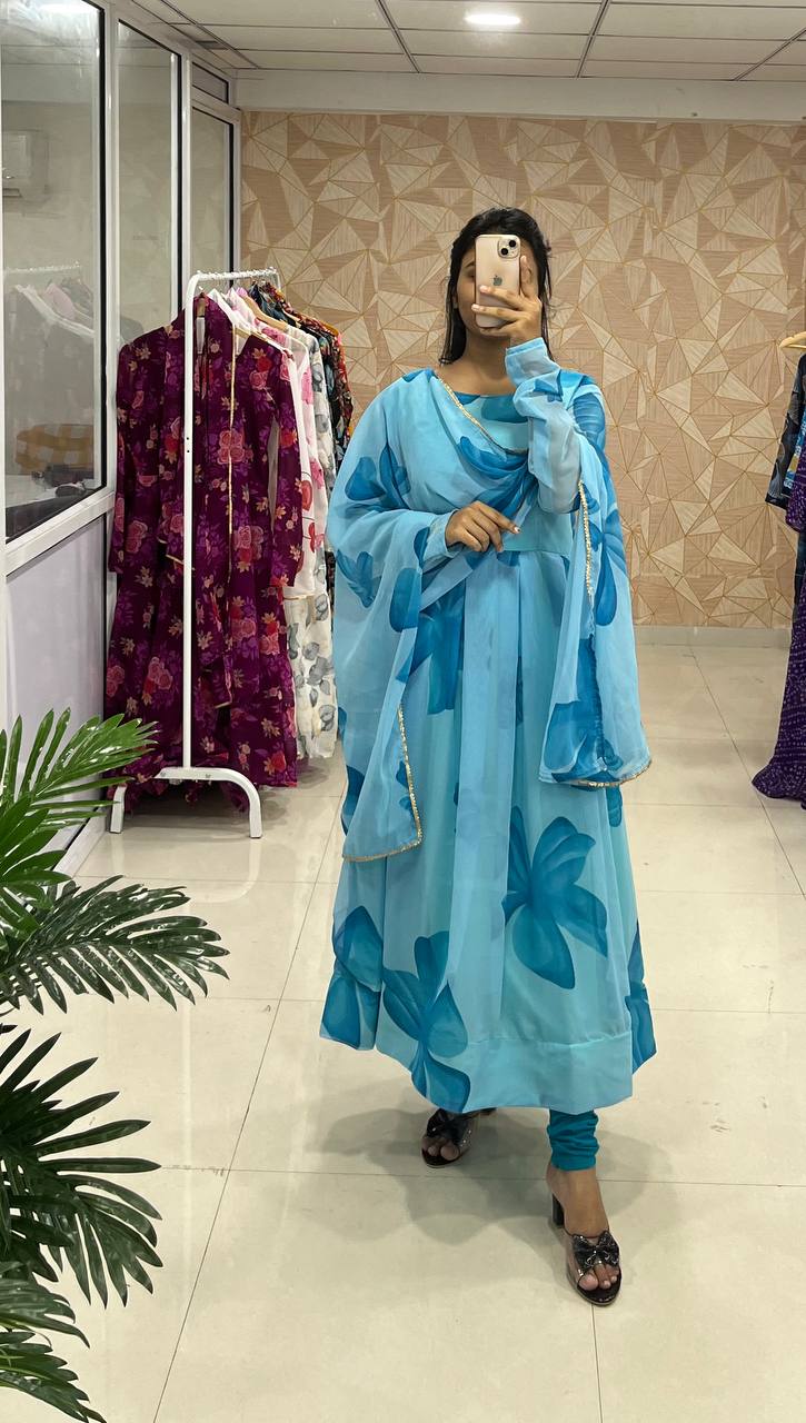 Shine with Trendy Floral Printed Georgette Anarkali Gown with Dupatta