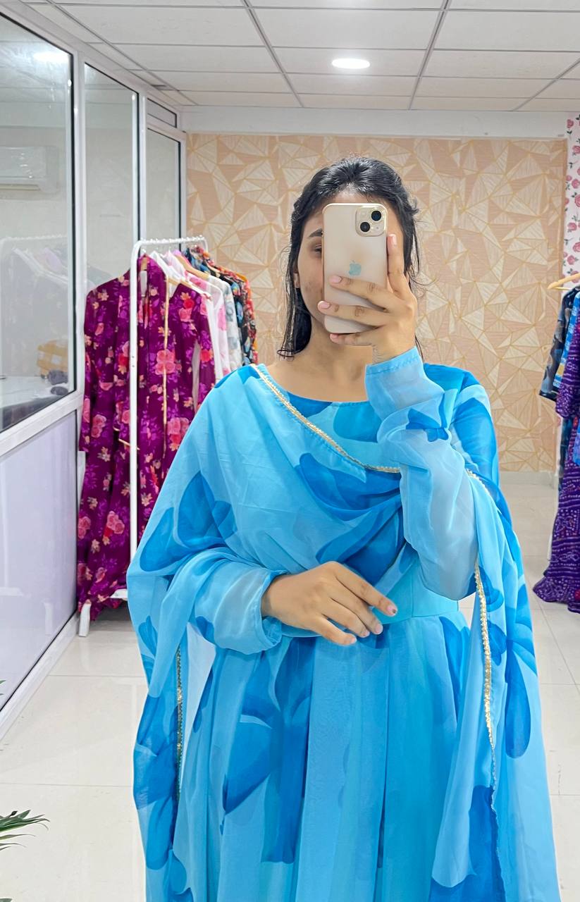 Shine with Trendy Floral Printed Georgette Anarkali Gown with Dupatta