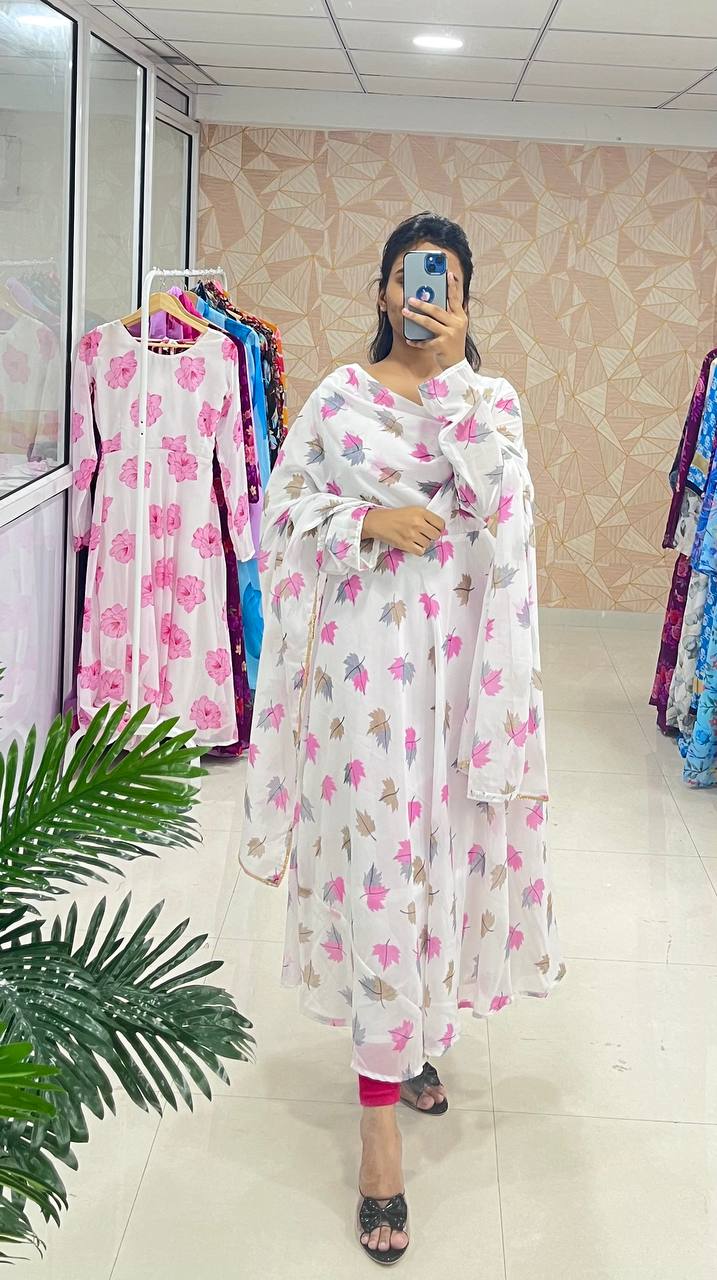 Awesome Fancy Trendy Flower Printed Georgette Anarkali Gown Set With Dupatta