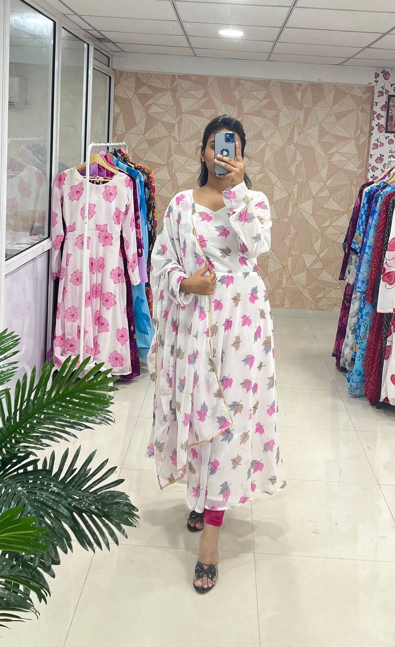Awesome Fancy Trendy Flower Printed Georgette Anarkali Gown Set With Dupatta