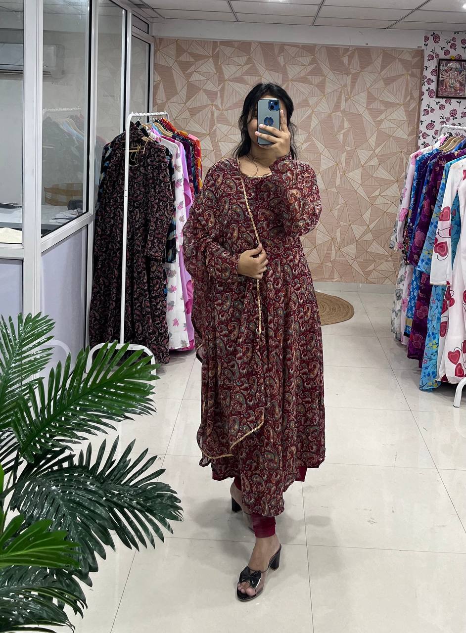 Stylish Fancy Trendy Printed Georgette Anarkali Gown Set With Dupatta