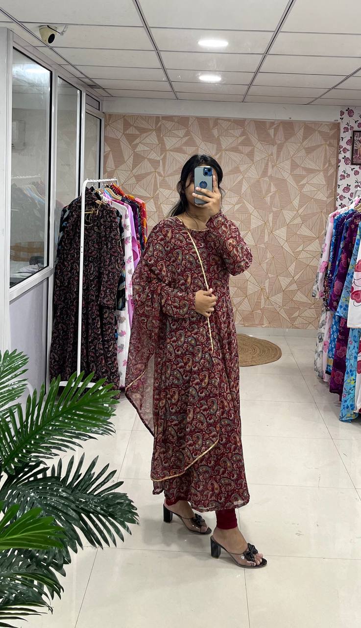 Stylish Fancy Trendy Printed Georgette Anarkali Gown Set With Dupatta