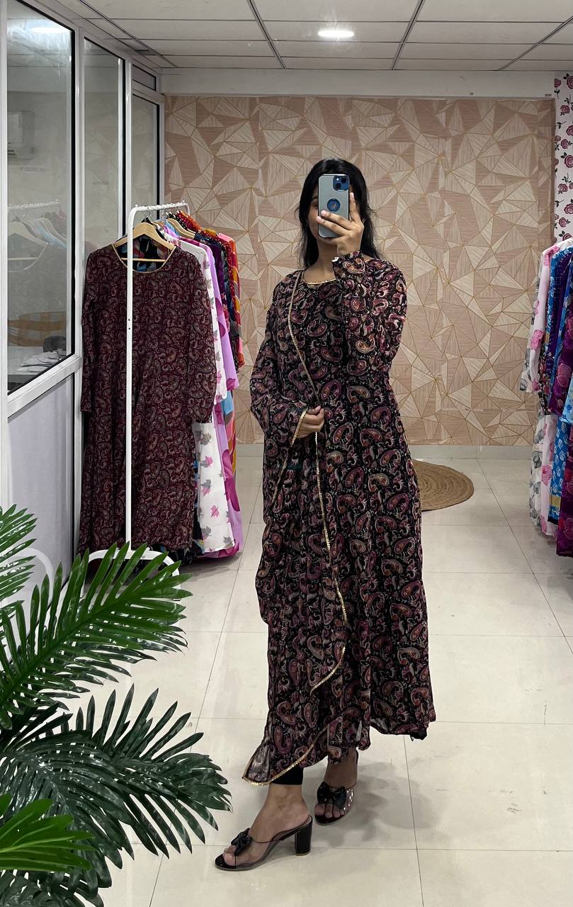 Stylish Fancy Trendy Printed Georgette Anarkali Gown Set With Dupatta
