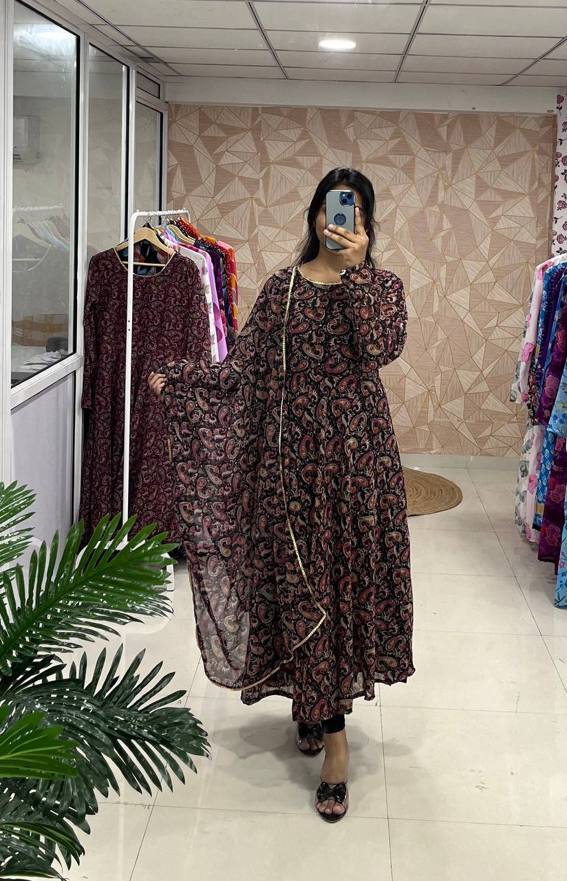 Stylish Fancy Trendy Printed Georgette Anarkali Gown Set With Dupatta