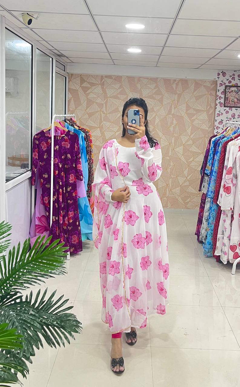 Stylish Fancy Trendy Printed Georgette Anarkali Gown Set With Dupatta