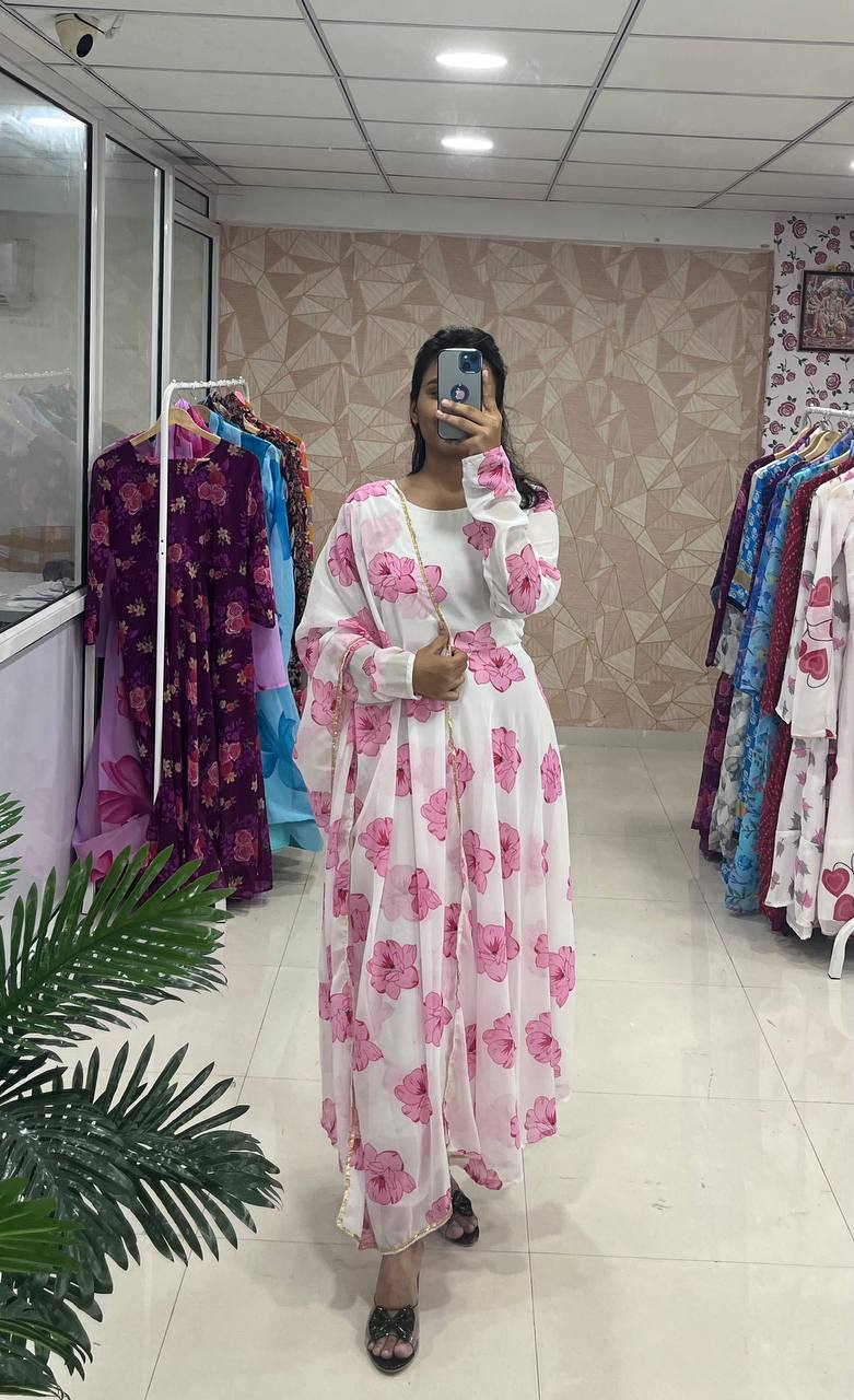Stylish Fancy Trendy Printed Georgette Anarkali Gown Set With Dupatta