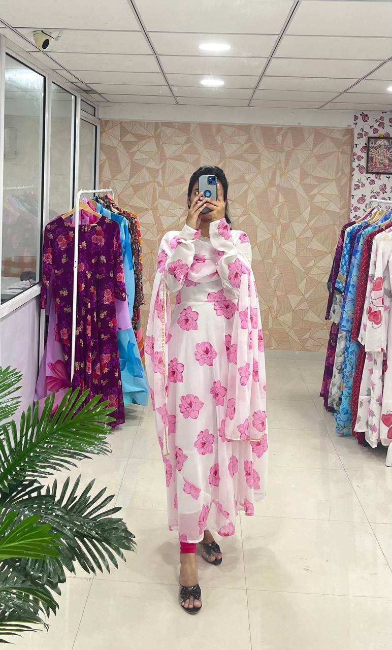 Stylish Fancy Trendy Printed Georgette Anarkali Gown Set With Dupatta