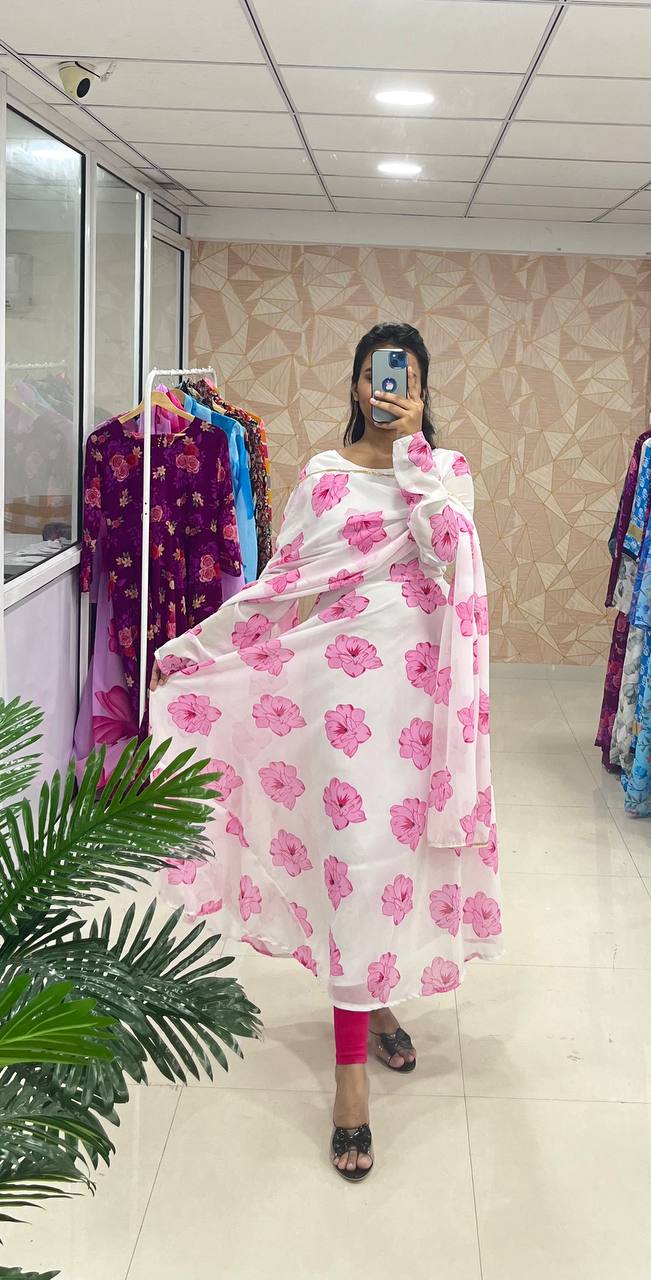 Stylish Fancy Trendy Printed Georgette Anarkali Gown Set With Dupatta
