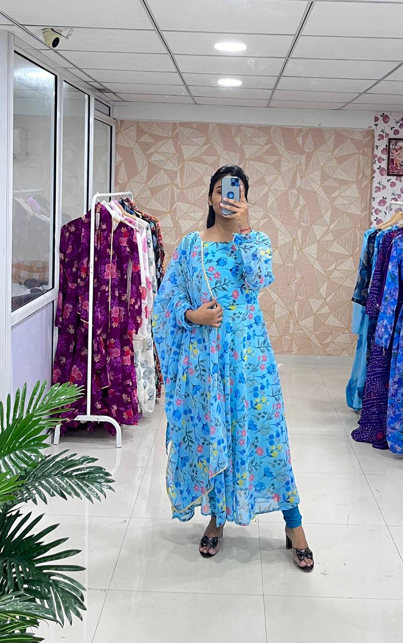 Stylish Fancy Trendy Printed Georgette Anarkali Gown Set With Dupatta