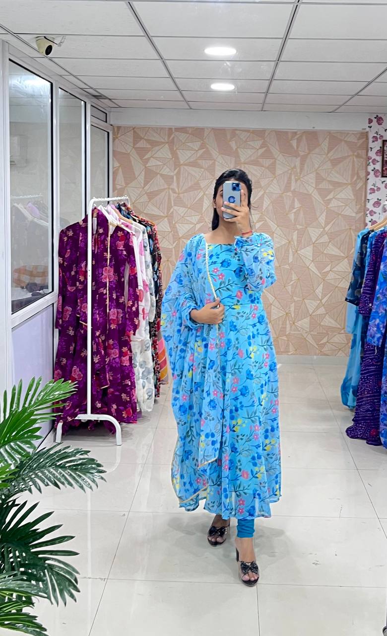 Stylish Fancy Trendy Printed Georgette Anarkali Gown Set With Dupatta
