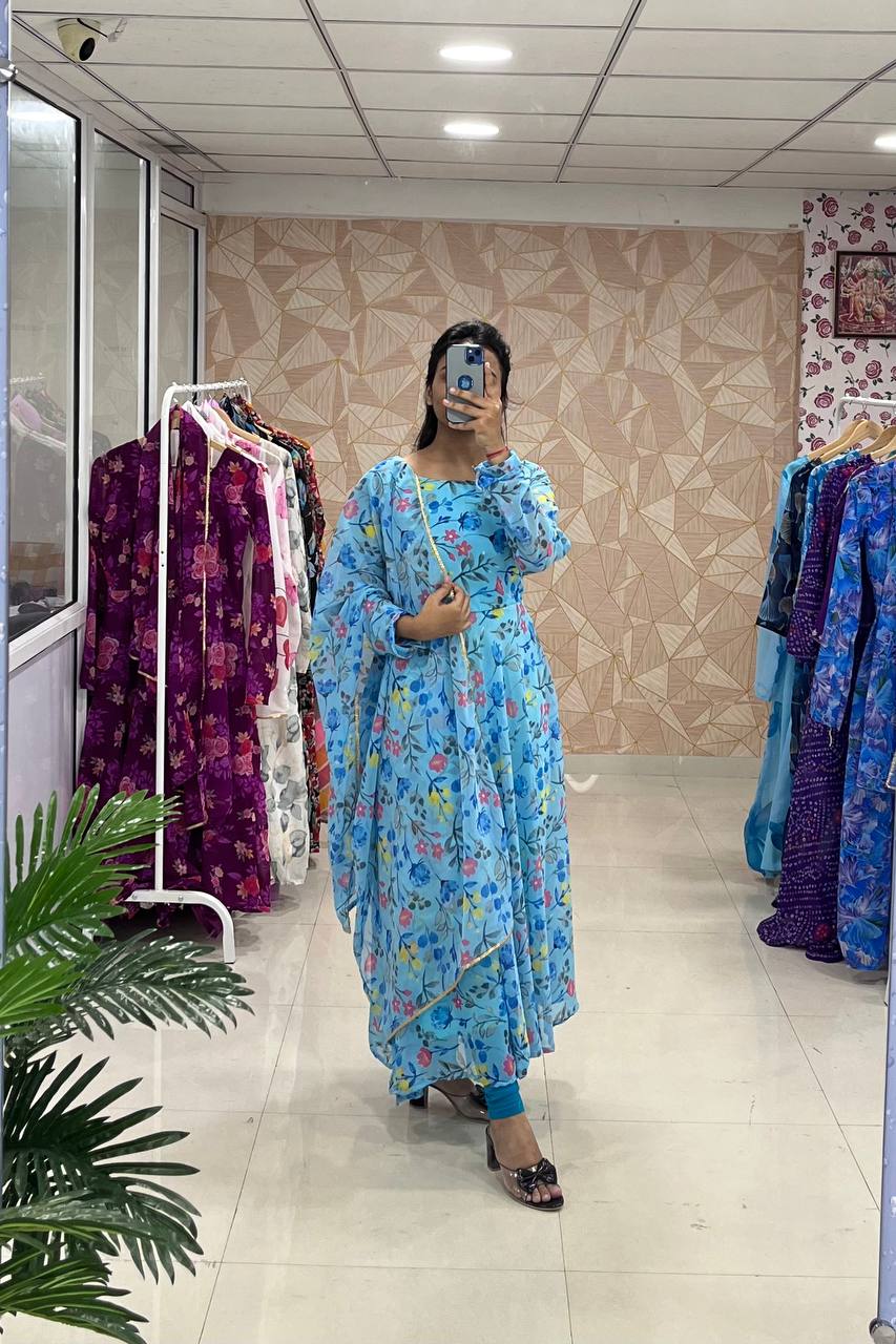 Stylish Fancy Trendy Printed Georgette Anarkali Gown Set With Dupatta