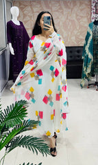 Special Flower Abstract Printed White Beautiful Georgette Anarkali Gown Dupatta