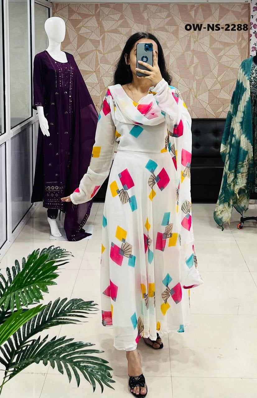 Special Flower Abstract Printed White Beautiful Georgette Anarkali Gown Dupatta