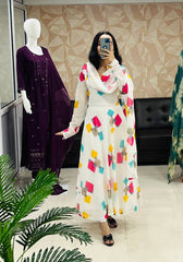 Special Flower Abstract Printed White Beautiful Georgette Anarkali Gown Dupatta