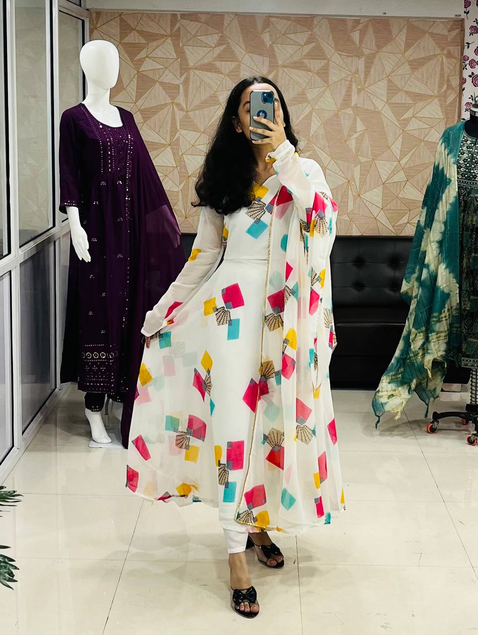 Special Flower Abstract Printed White Beautiful Georgette Anarkali Gown Dupatta