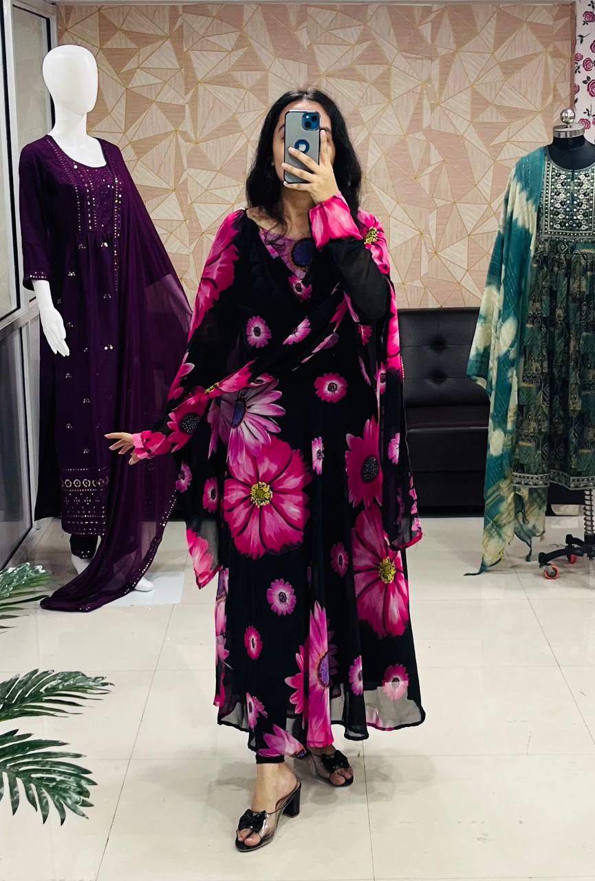 Sparkling Beautiful Multi color Flower Printed Georgette Anarkali Gown Dupatta