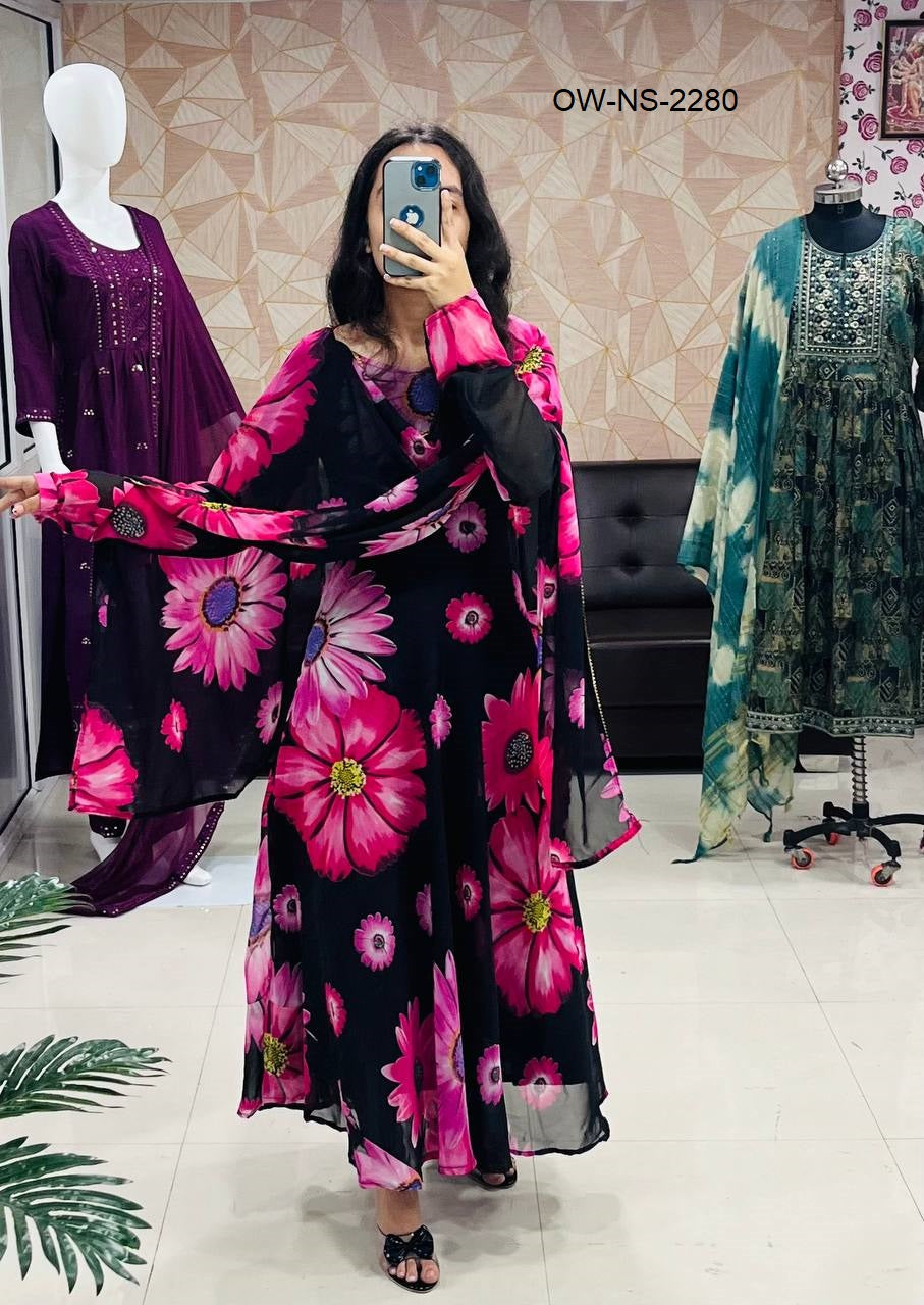 Sparkling Beautiful Multi color Flower Printed Georgette Anarkali Gown Dupatta