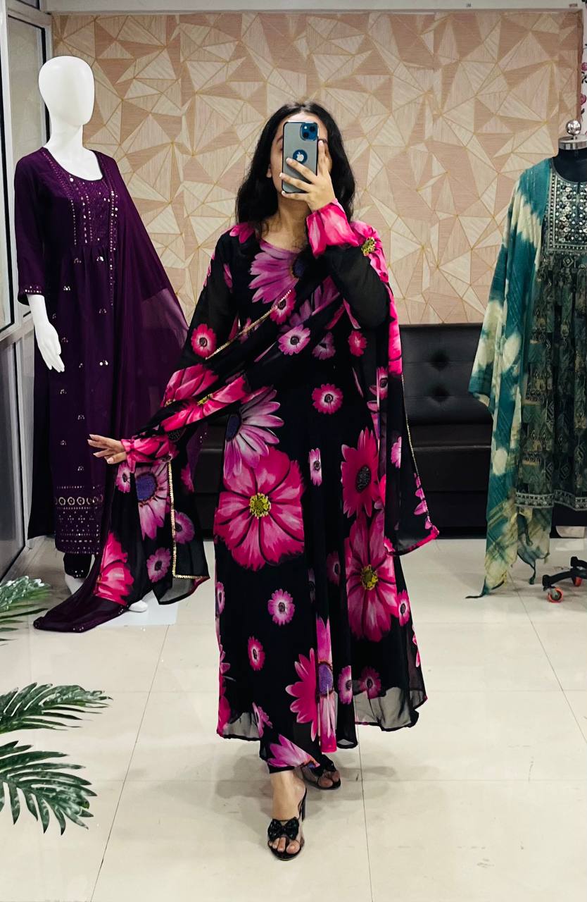 Sparkling Beautiful Multi color Flower Printed Georgette Anarkali Gown Dupatta
