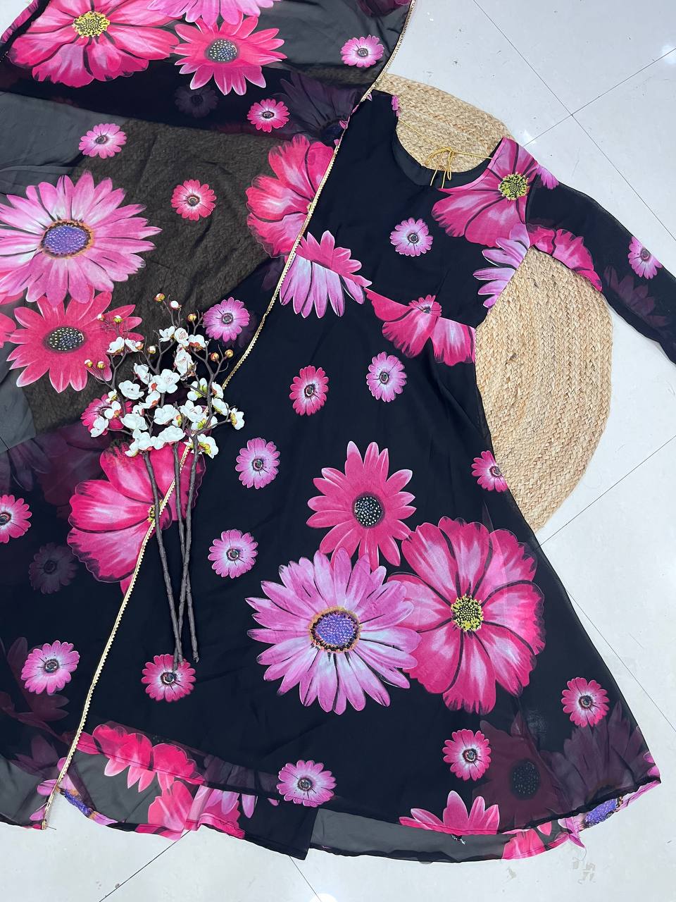 Sparkling Beautiful Multi color Flower Printed Georgette Anarkali Gown Dupatta