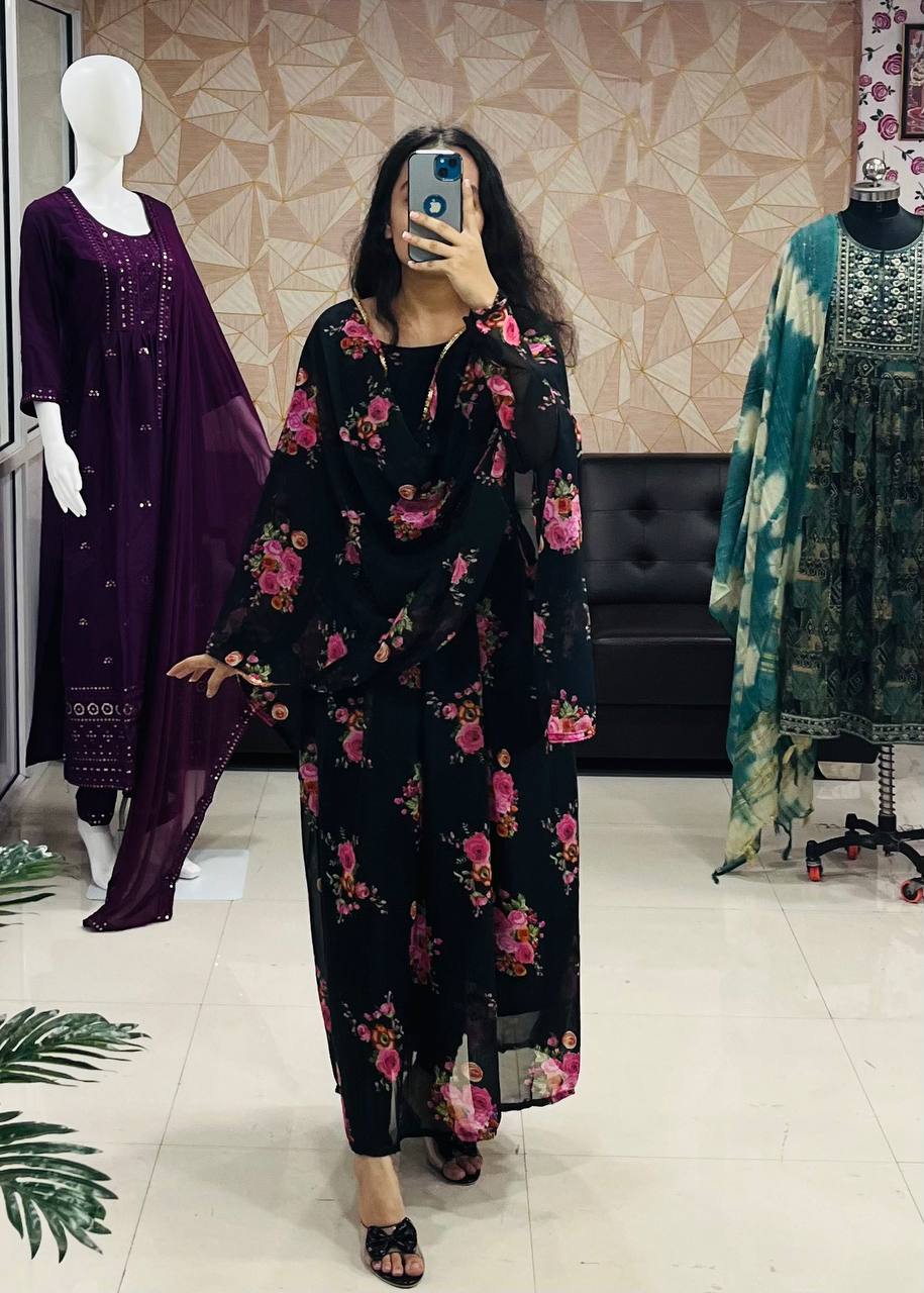 Latest Beautiful Black Floral Georgette Anarkali Gown Dupatta