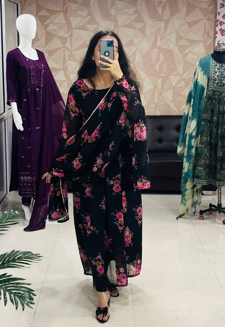 Latest Beautiful Black Floral Georgette Anarkali Gown Dupatta