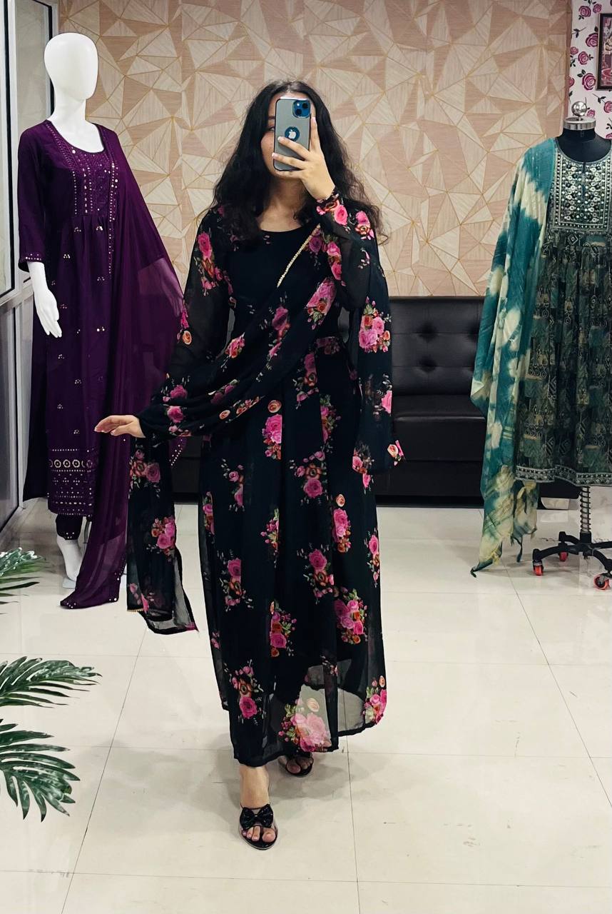 Latest Beautiful Black Floral Georgette Anarkali Gown Dupatta