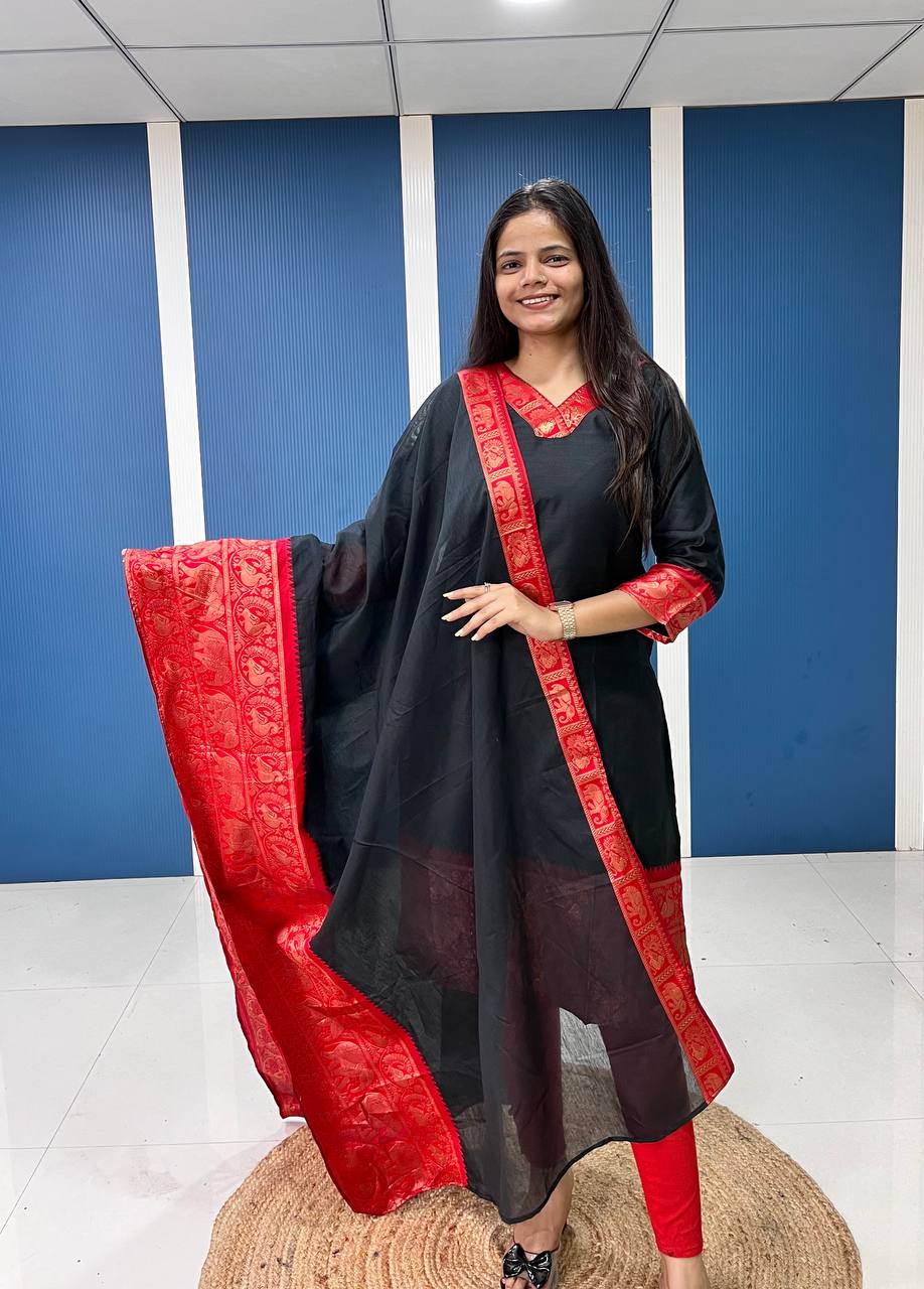 Black Shade Cotton Kurta and Dupatta Set