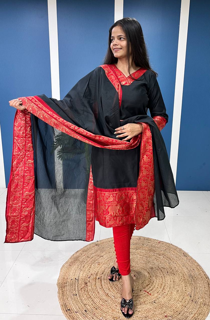 Black Shade Cotton Kurta and Dupatta Set