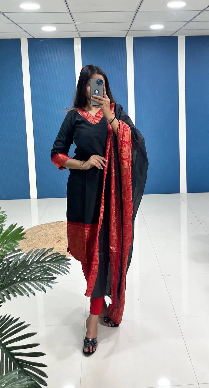 Black Shade Cotton Kurta and Dupatta Set