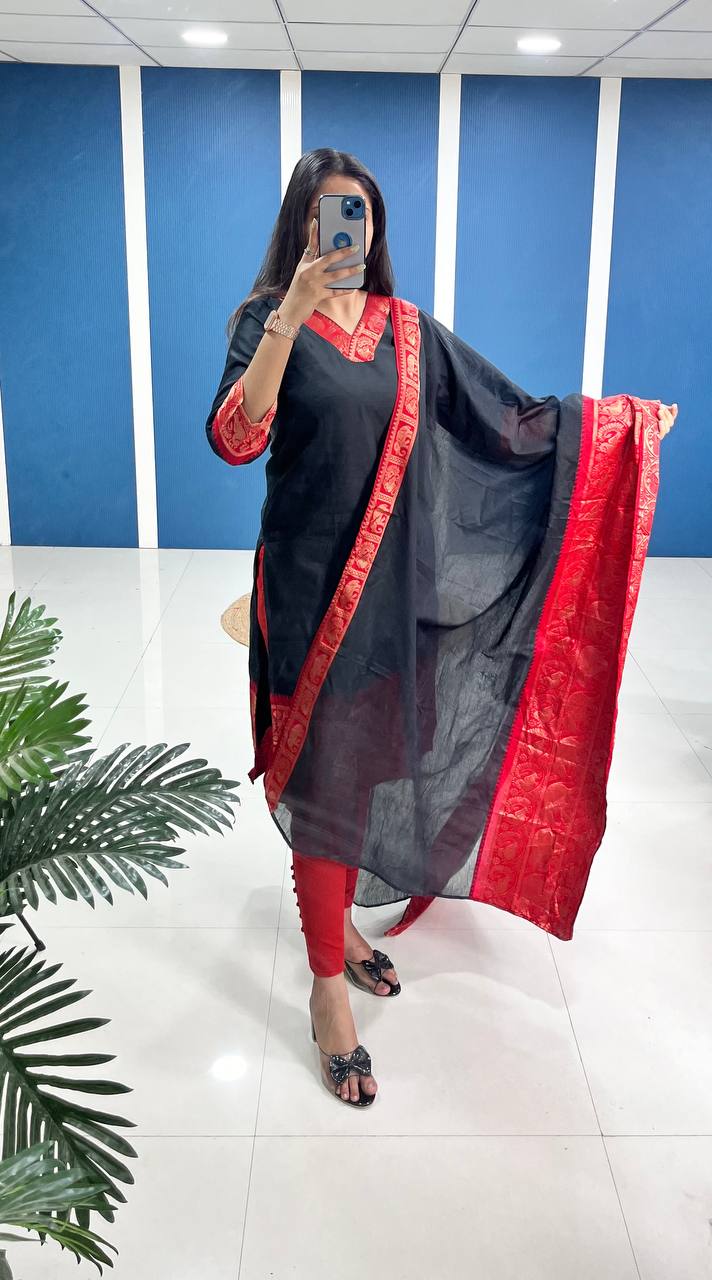 Black Shade Cotton Kurta and Dupatta Set