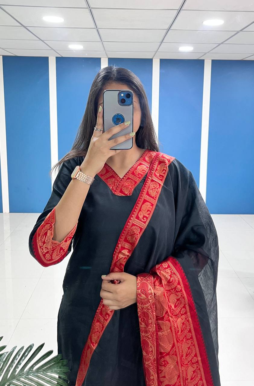 Black Shade Cotton Kurta and Dupatta Set