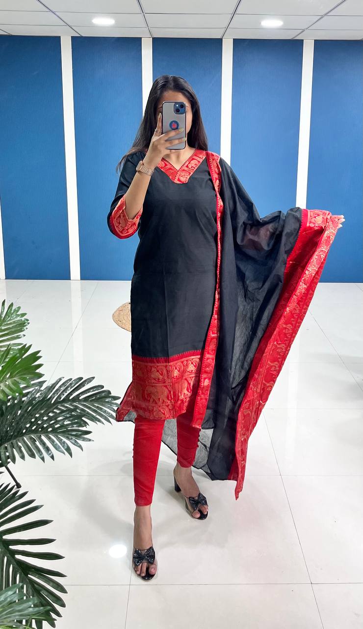 Black Shade Cotton Kurta and Dupatta Set