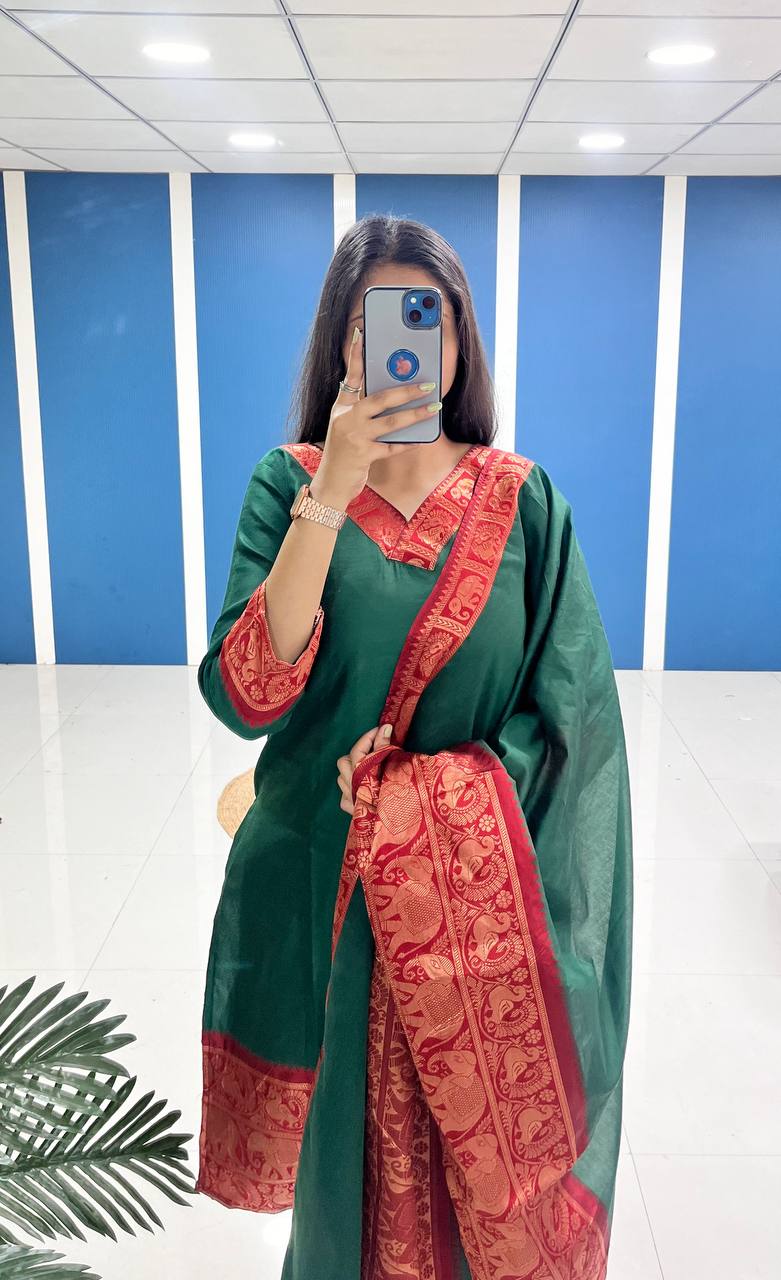 Bottle Green Cotton Kurti Set with Maroon Tone Border – A Perfect Blend of Tradition and Style