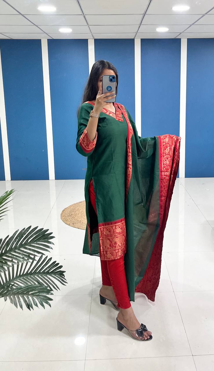 Bottle Green Cotton Kurti Set with Maroon Tone Border – A Perfect Blend of Tradition and Style
